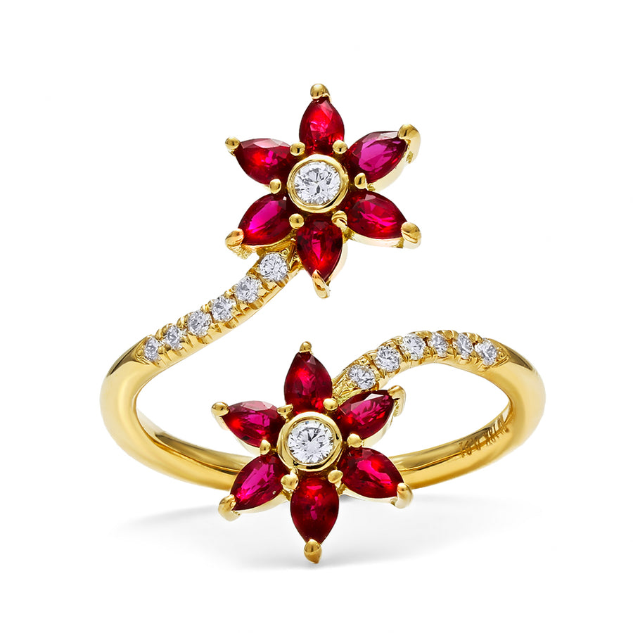 Daffodil Garden Ruby and Diamond Bypass Ring in 18K Yellow Gold, Size 7.5