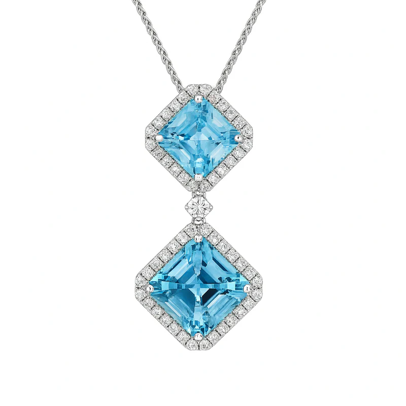 8.49ct Ascher Cut Aquamarine and 0.77ct Diamond Halo Pendant in 18K White Gold, 16-18" chain