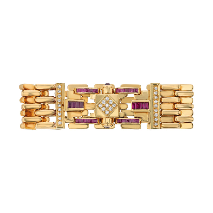 Retro 2.10ct Ruby and 0.41ct Diamond Bracelet in 18K Yellow Gold, 6.5"
