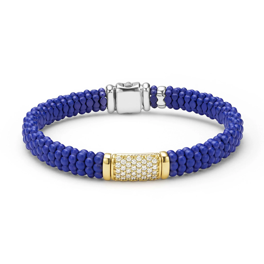 Ultramarine Blue Caviar Anthem Diamond 9mm Station Rope Bracelet in Sterling Silver, 18K Yellow Gold, and Matte Ceramic, size 7