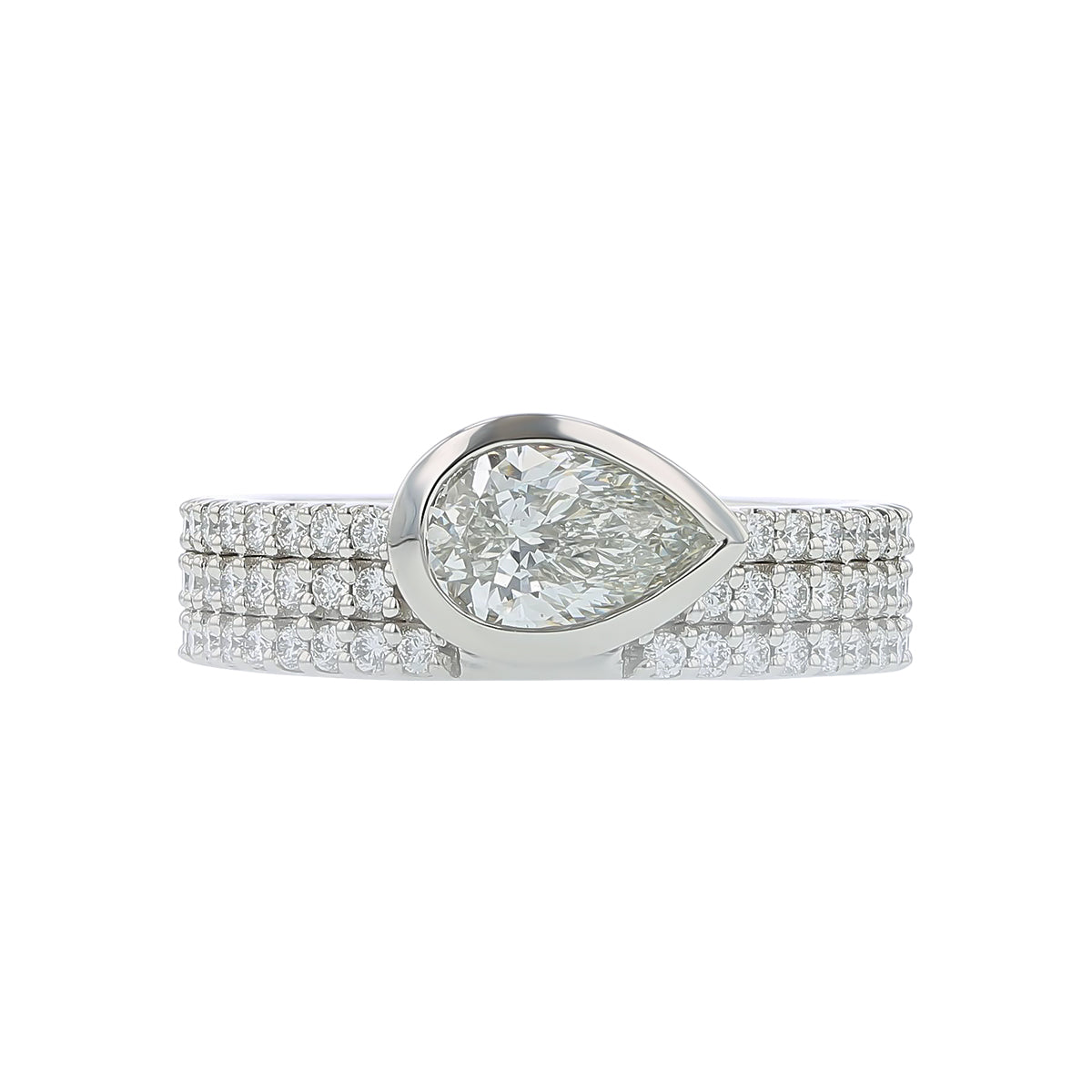 Pear Shaped Diamond and Diamond East West Bezel Set Center Ring in Platinum