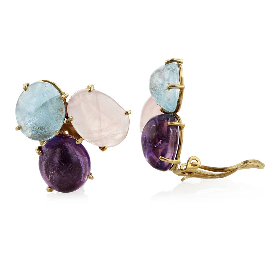 14K Gold Cabochon Triangle Cluster of Amethyst, Rose Quartz and Blue Tormaline Clipback Earrings