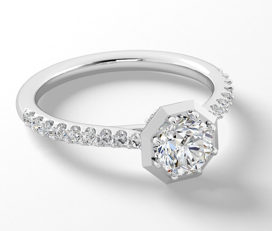 0.28ct Diamond Hex Prong Bezel Ring Semi Mount in Platinum for 0.75ct Round Center