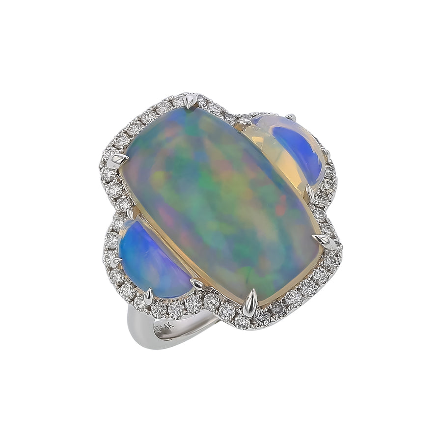 6.58ct Cushion Opal and 0.52ct Diamond 3 Stone Halo Ring in 14K White Gold, Size 6.75