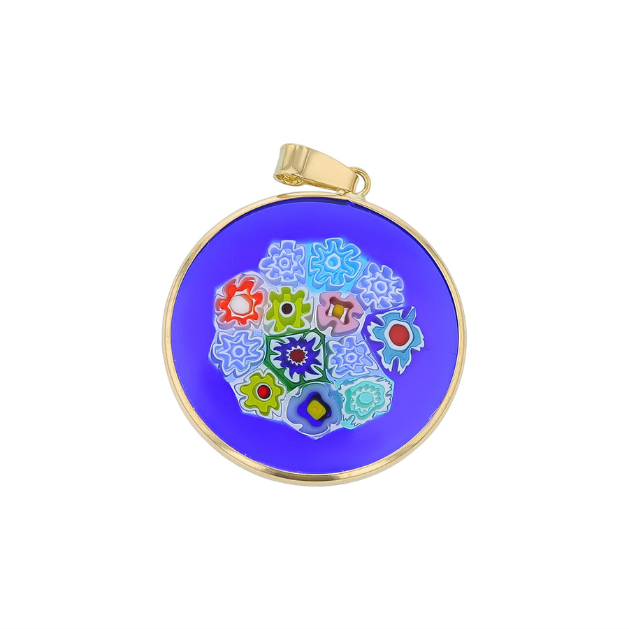 Round Blue Flower Pendant in 14K Yellow Gold, without chain