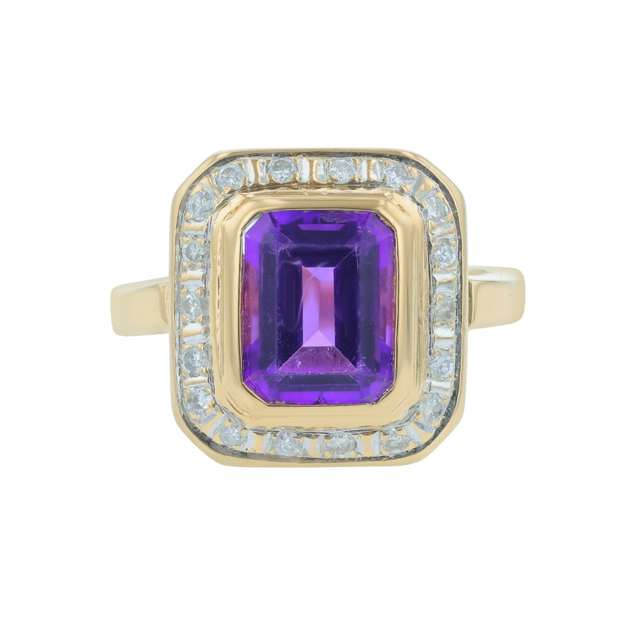 2.05ct Emerald Cut Amethyst and 0.20ct Diamond Halo Ring in 14K Yellow Gold, size 7