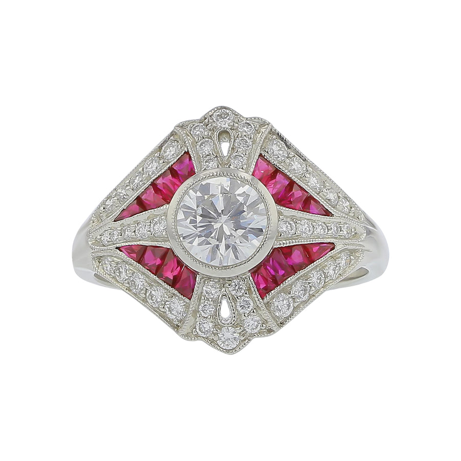 0.72ct Round Diamond 1.28ct Ruby and 0.33ct Diamond Ring, size 6.5