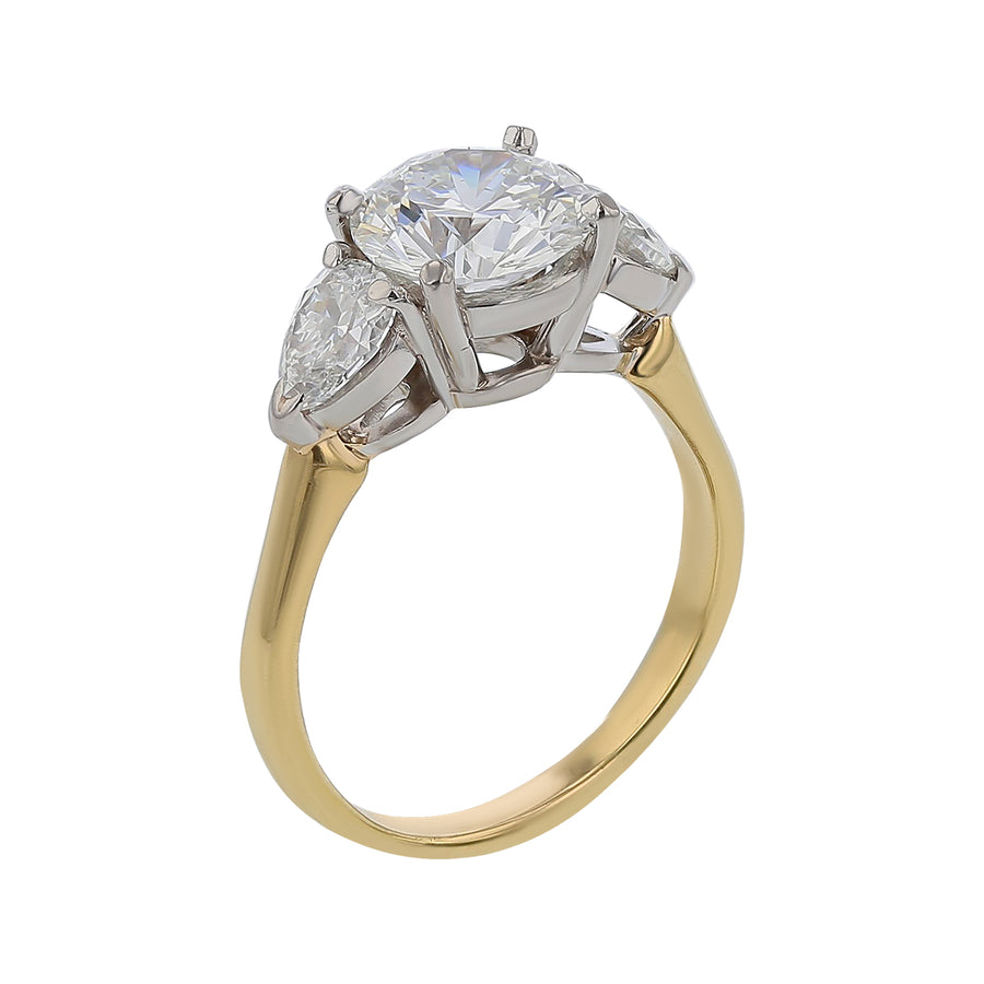 2.04ct Center Round Brilliant Diamond 0.77ct Pear Shaped Diamond 3 Stone Ring in 18K Yellow Gold and Platinum, size 6.5