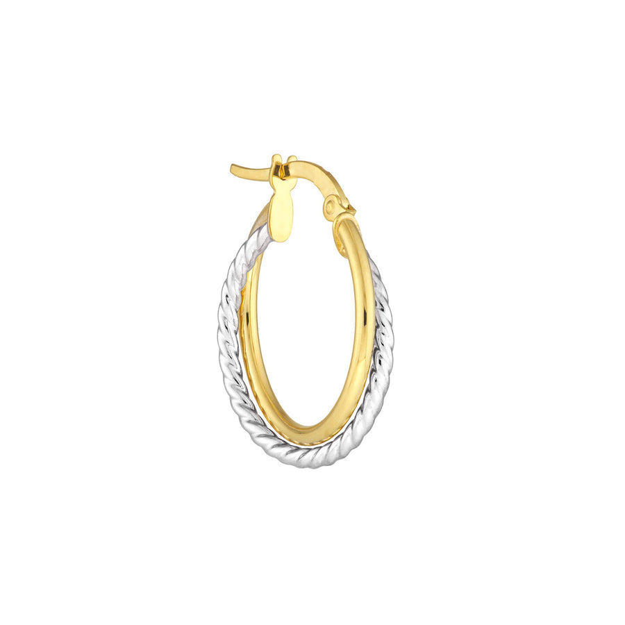 Plain and Twisted Intertwined Hoop Earrings in 14K Yellow and White Gold, 15mm