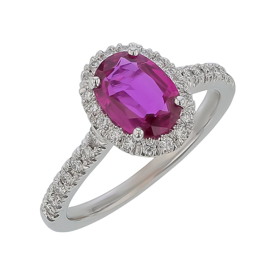 1.42ct Oval Ruby and 0.26ct Diamond Halo Ring in 18K White Gold, Size 6.5