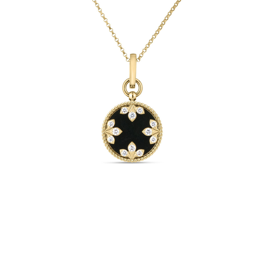 Colored Medallion 0.05ct Diamond and Black Jade Pendant on Chain in 18K Yellow Gold, 17" chain