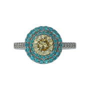 1.03ct Round Fancy Yellow Diamond and 0.37ct Paraiba and 0.10ct Diamond Double Halo Ring in 18K White Gold, Size 5.5