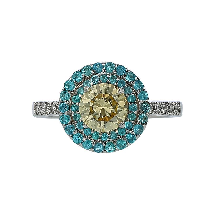 1.03ct Round Fancy Yellow Diamond and 0.37ct Paraiba and 0.10ct Diamond Double Halo Ring in 18K White Gold, Size 5.5