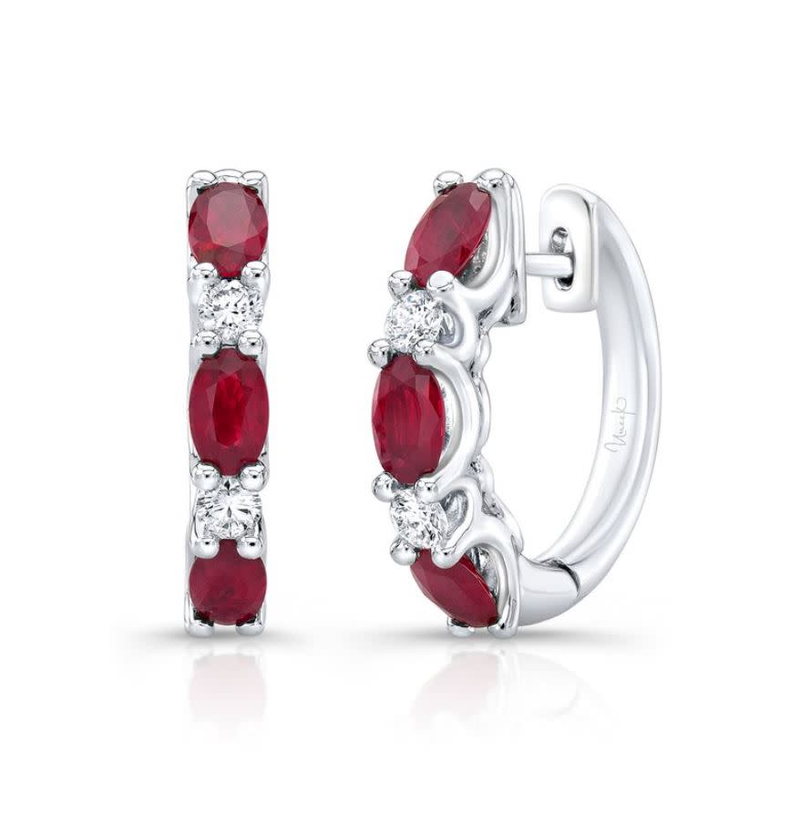 Precious 0.23ct Round Diamond and 1.36ct Oval Ruby Hoop Alternating Earrings in 18K White Gold