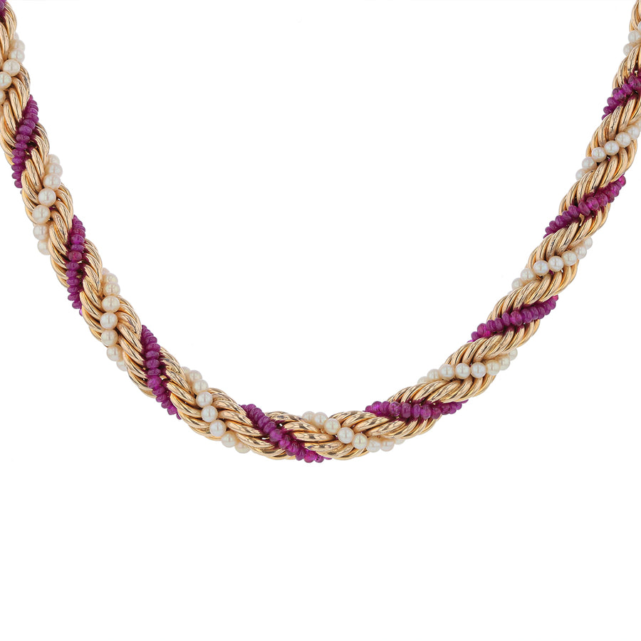 Ruby Bead and Seed Pearls 16" Necklace in 14K Yellow Gold