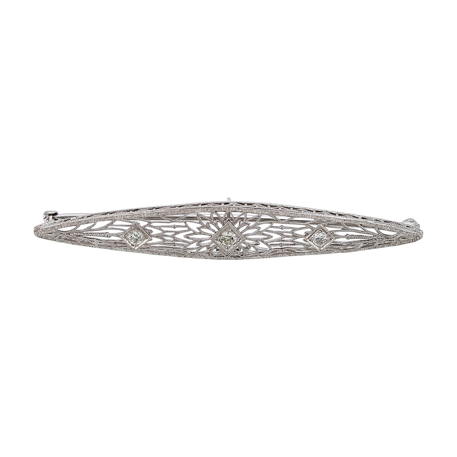Art Deco 0.21ct Old European Cut Diamond Filigree Bar Pin in 14K White Gold