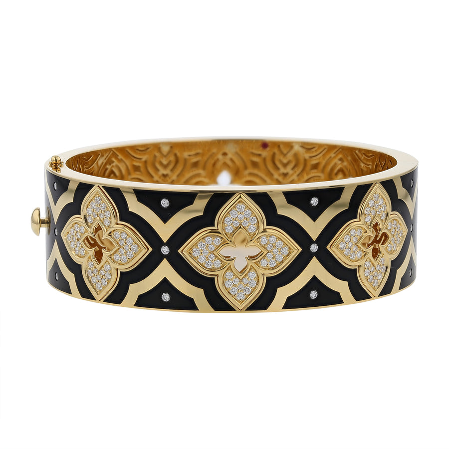 Venetian Princess 1.00ct Diamond Flower Bangle Bracelet in Black Enamel and 18K Yellow Gold