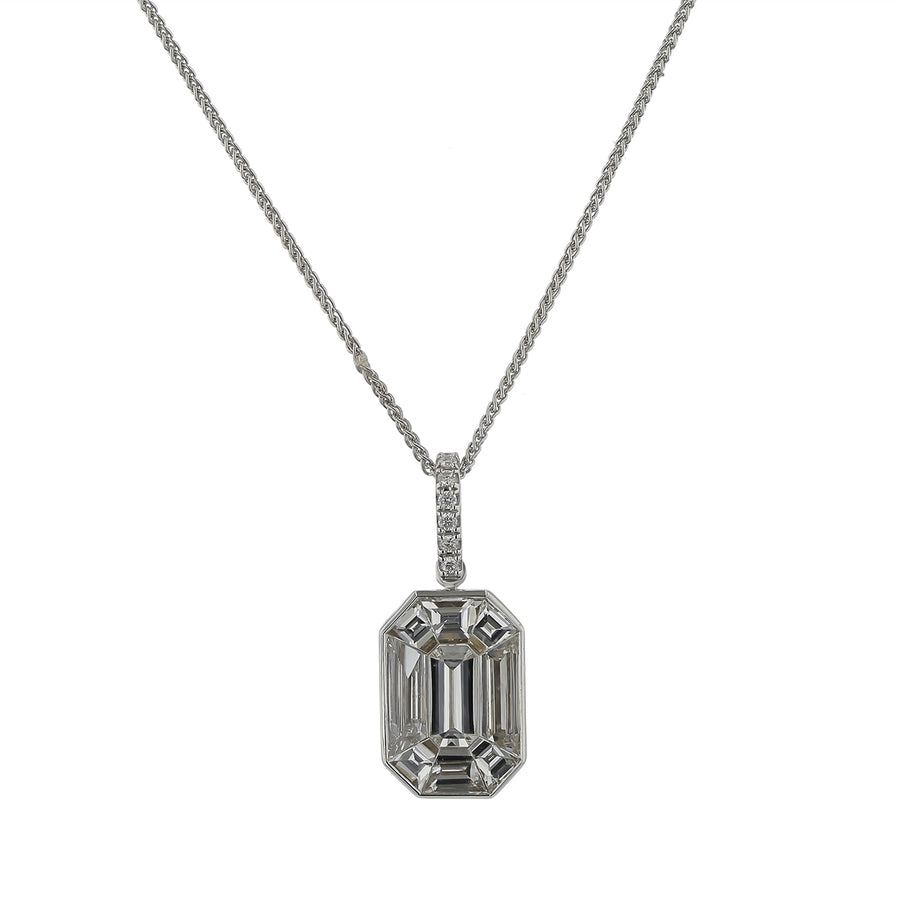 1.55ct Emerald Round and Baguette Diamond Pendant in 18K White Gold, 19"