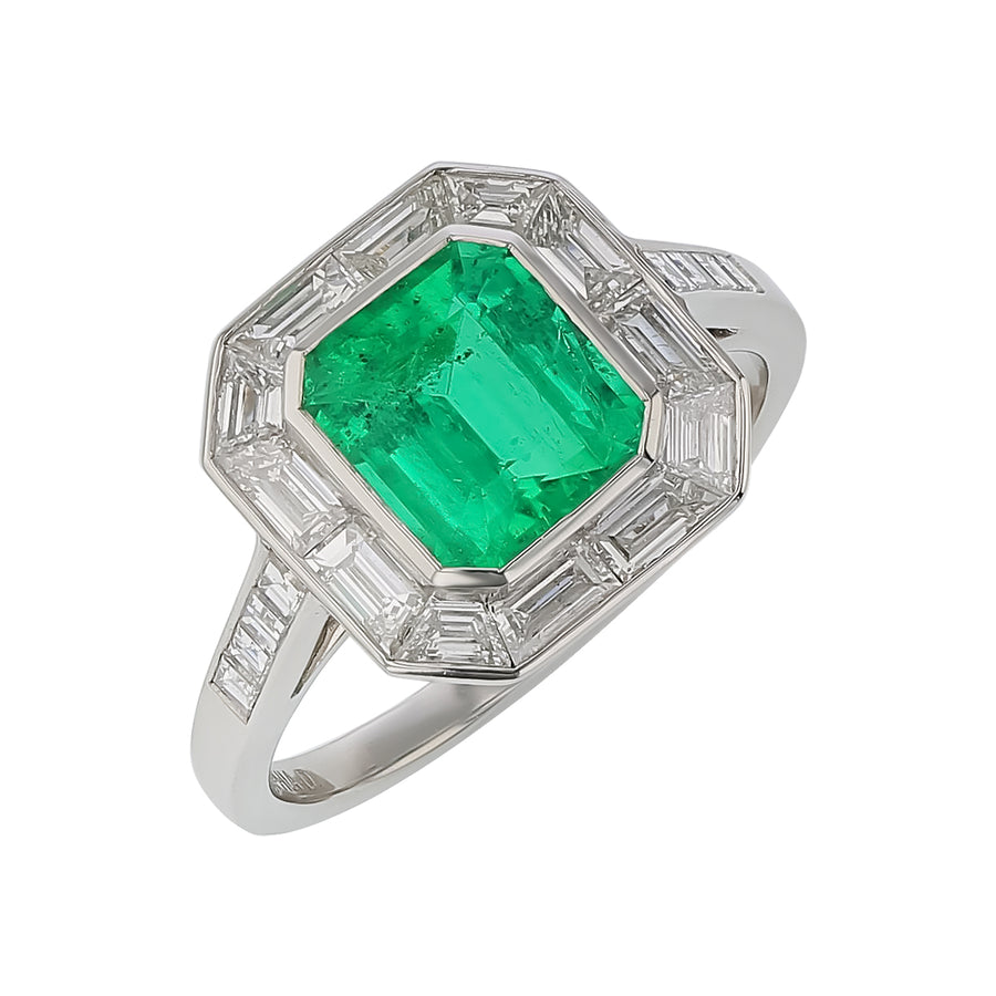 1.87ct Emerald and 0.93ct Diamond Halo Ring in Platinum, Size 6.5