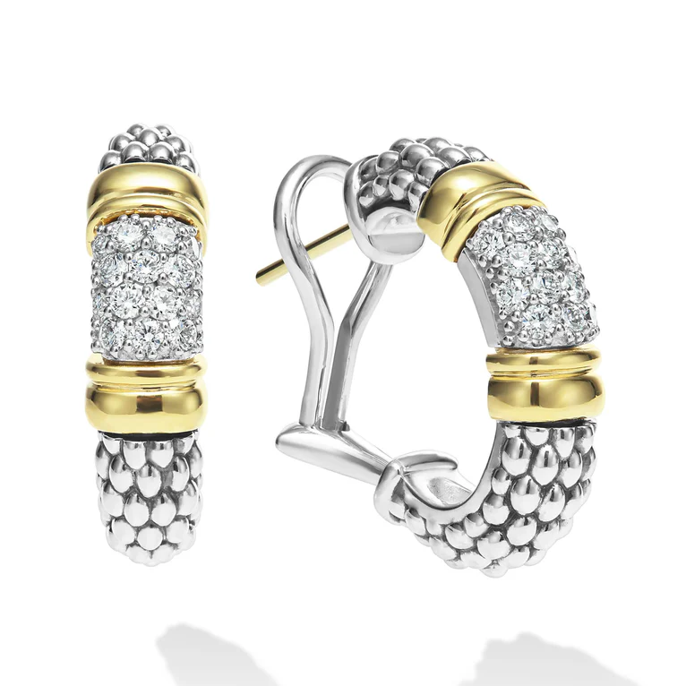 Signature Caviar 0.532ct Diamond J Hoop Earrings in 18K Yellow Gold and Sterling Silver