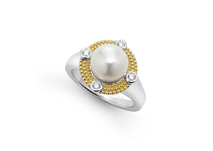 Luna 9mm Pearl and 0.13ct Diamond Ring in 18K Yellow Gold and Sterling Silver, Size 7