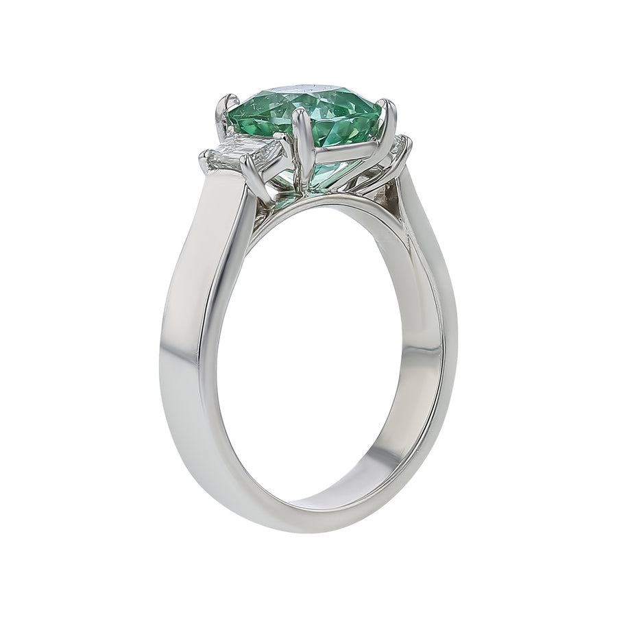 2.51ct Cushion East African Tourmaline Heated and 0.46ct Diamond 3 Stone Ring in Platinum, size 6.75