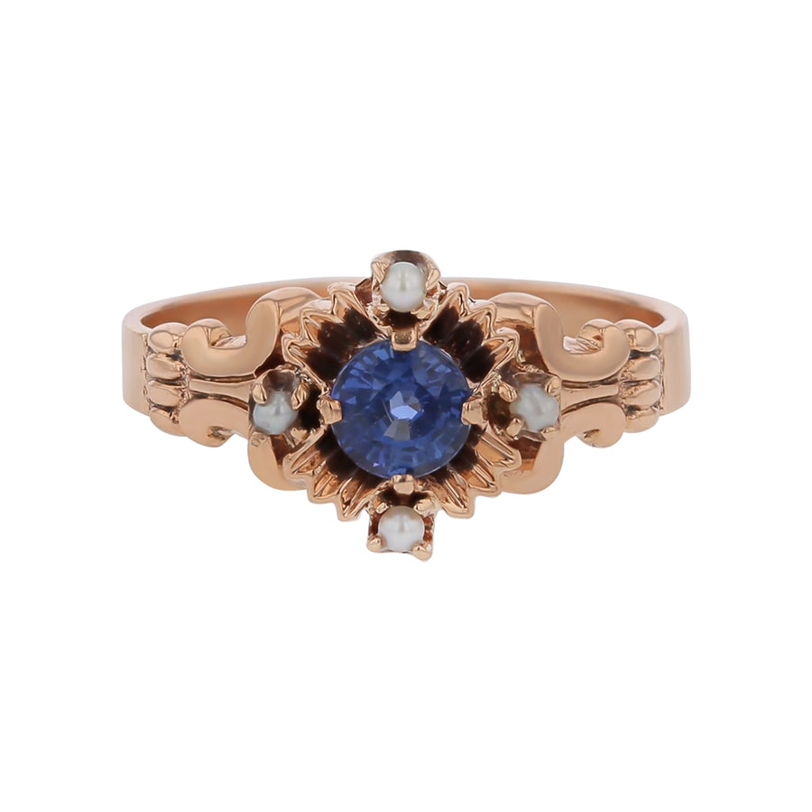 0.60ct Round Sapphire and Pearl Victorian 1890's Ring in 9k Rose Gold Size 7