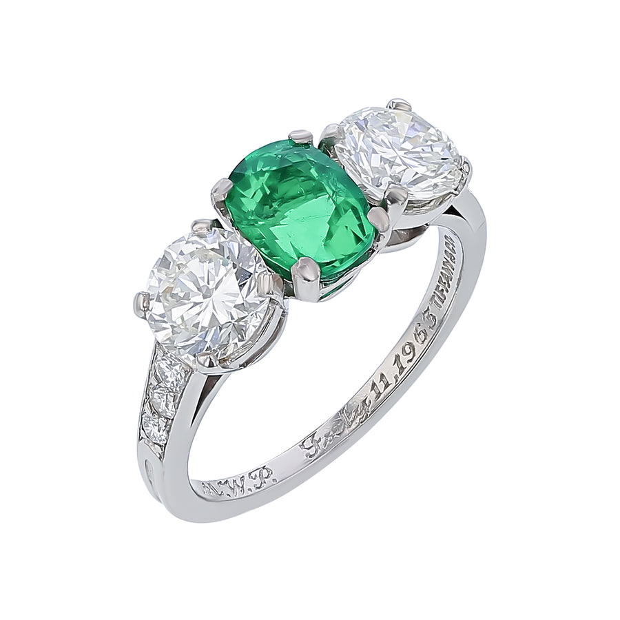 Tiffany & Co. 1.15ct Oval Green Columbian Emerald, 1.72ct Diamond 3 Stone Hand Engraved Ring in Platinum, size 6