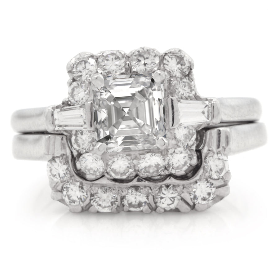 0.70ct Emerald Cut Diamond and 0.56ct Tapered Baguette and Round Diamond Ring in Platinum