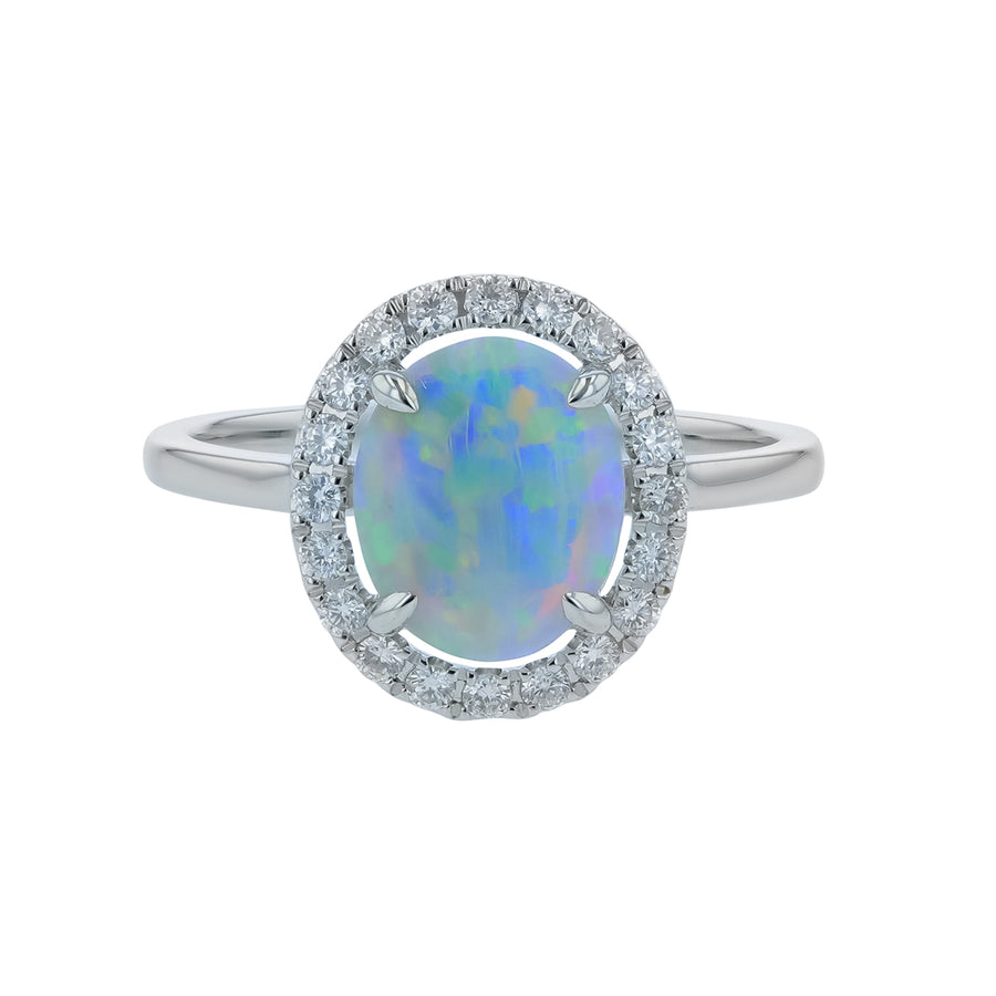 0.96ct Oval Opal and 0.24ct Diamond Halo Ring in 14K White Gold, size 7