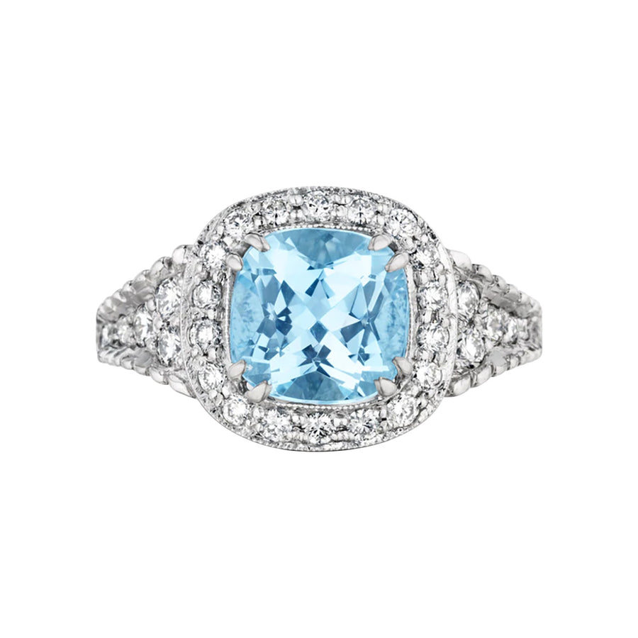 Classic 0.51ct Diamond and 2.15ct Aquamarine Halo Ring in 18K White Gold, size 6.5