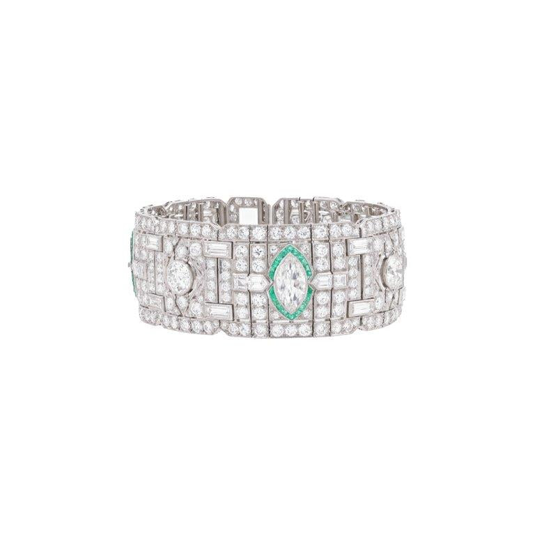 Diamond and Emerald Art Deco Bracelet in Platinum, 7.25in