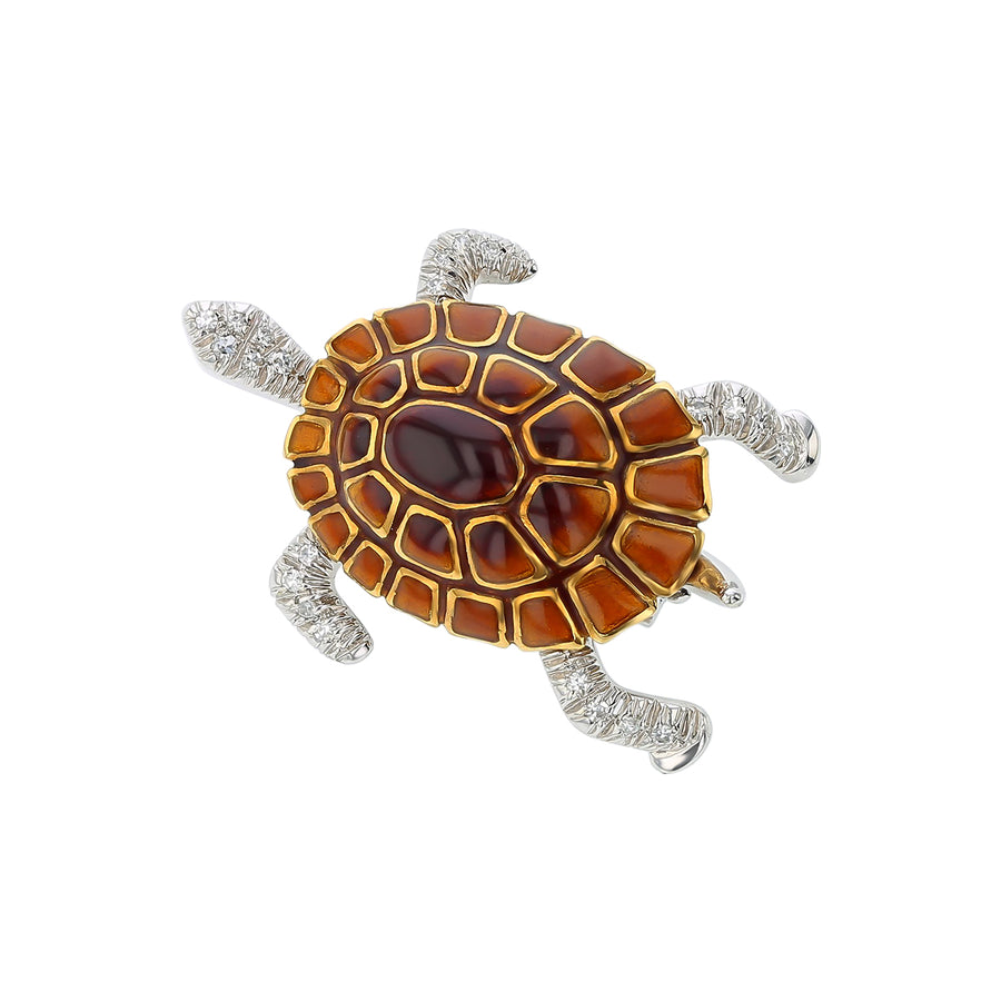Tigers Eye Quartz and Diamond Turtle Brooch in 18K Yellow and White Gold