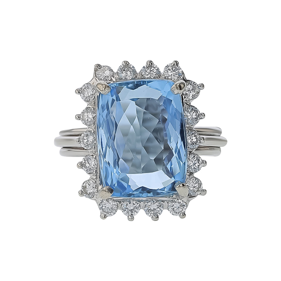 9.00ct Aquamarine and 1.08ct Diamond Halo Ring in 14K White Gold, size 6 Circa 1960's