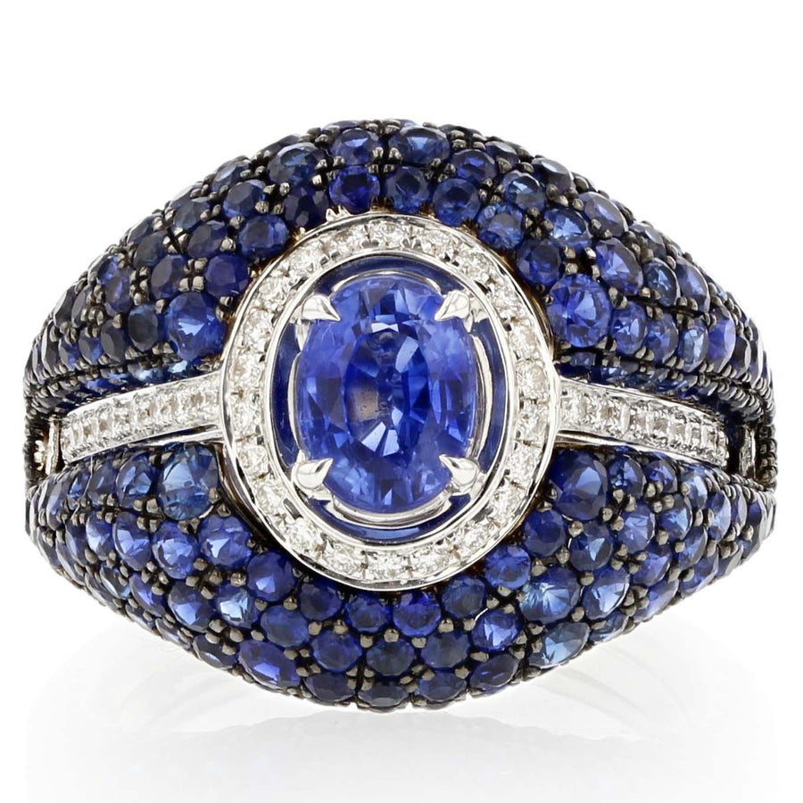 Blue Sapphire and Diamond Salavetti Oval Ring in 18K White Gold, Size 6.75