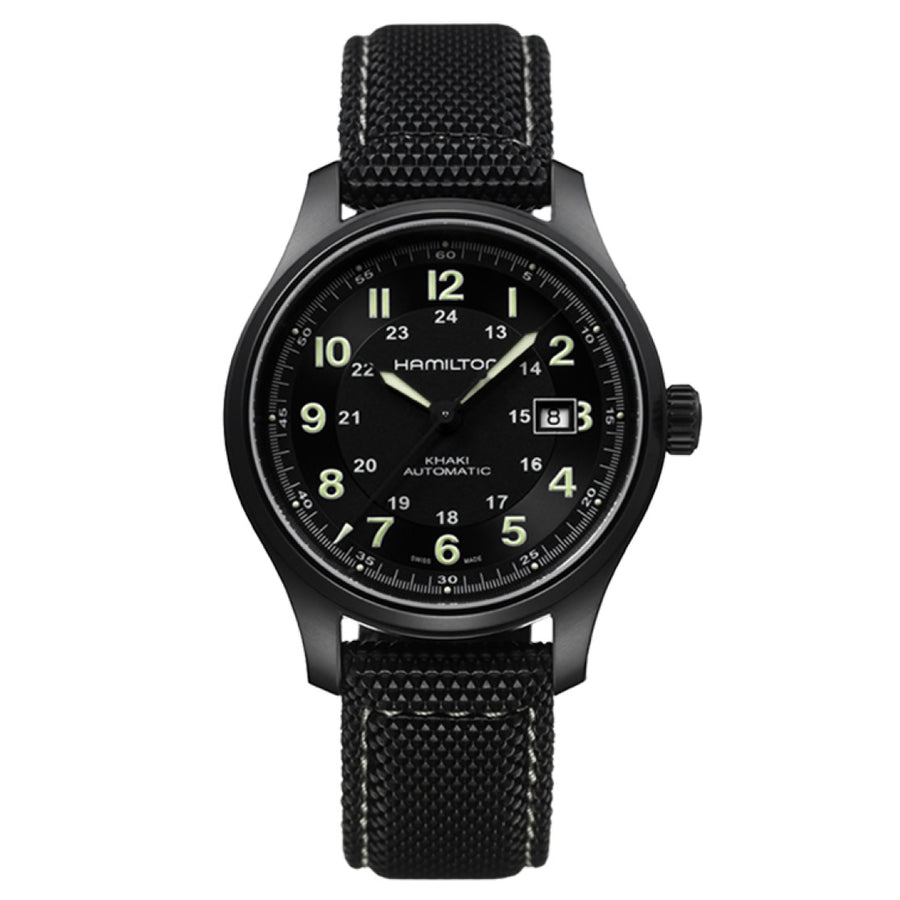 42mm Khaki Field Watch with Black Dial in Titanium, Strap
