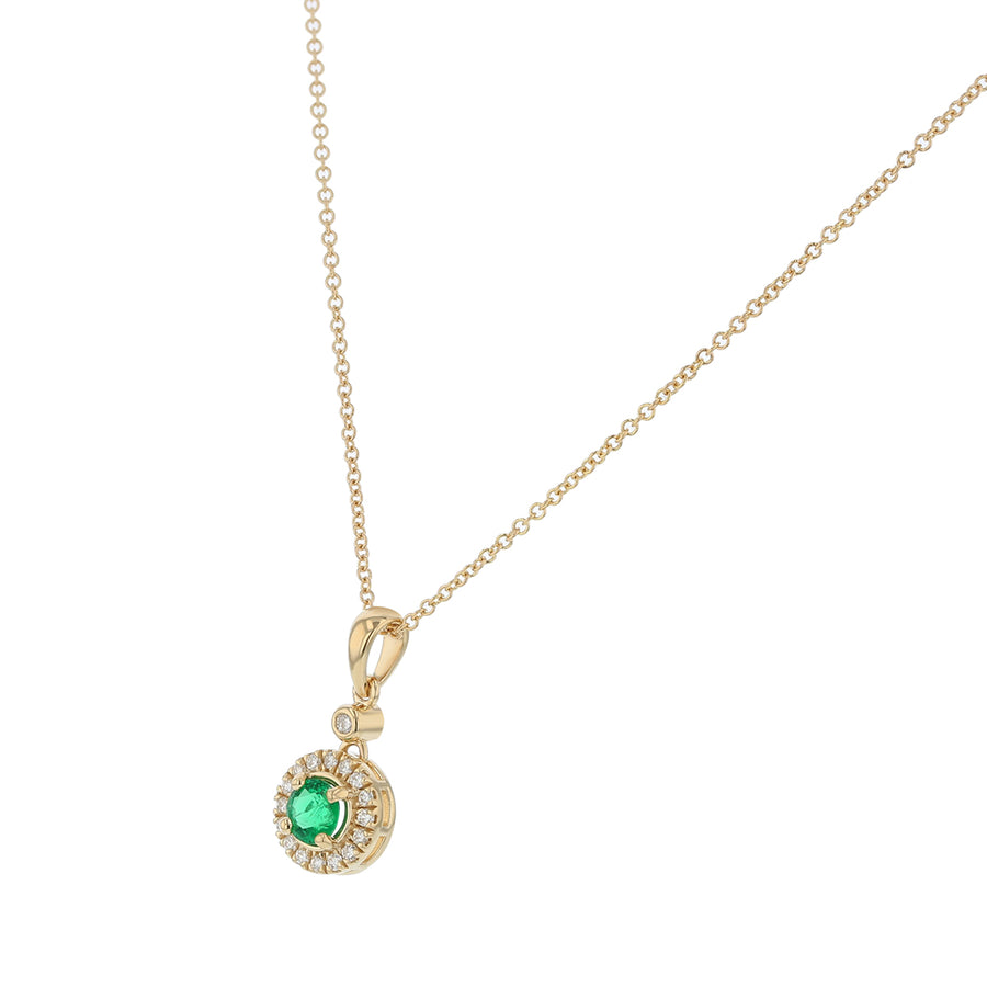 0.42ct Round Zambian Emerald and 0.17ct Full Cut Diamonds Halo Pendant Necklace, on 18"