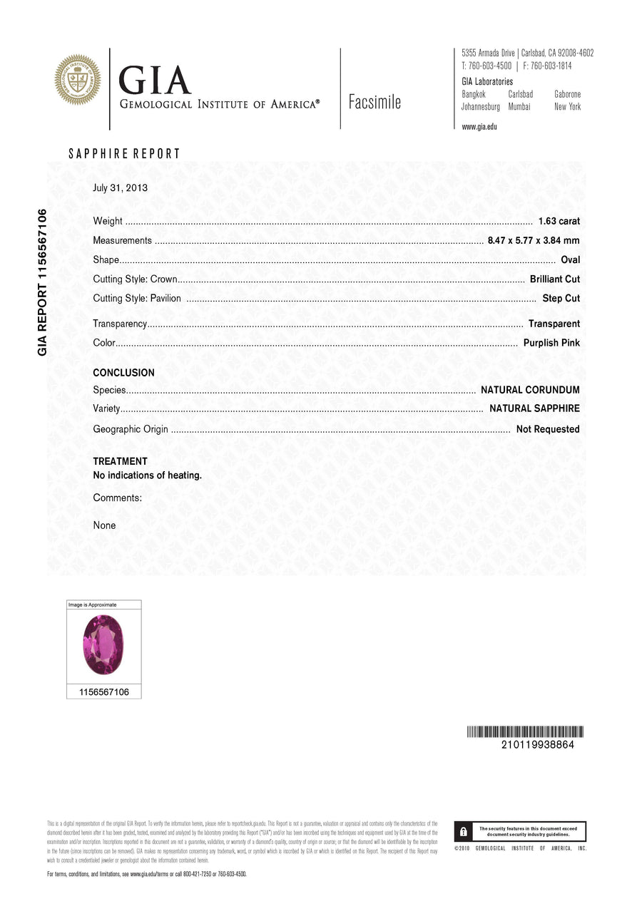 1.63ct Oval Pink Sapphire and 0.34ct Diamond Ring in Platinum, Size 5.25