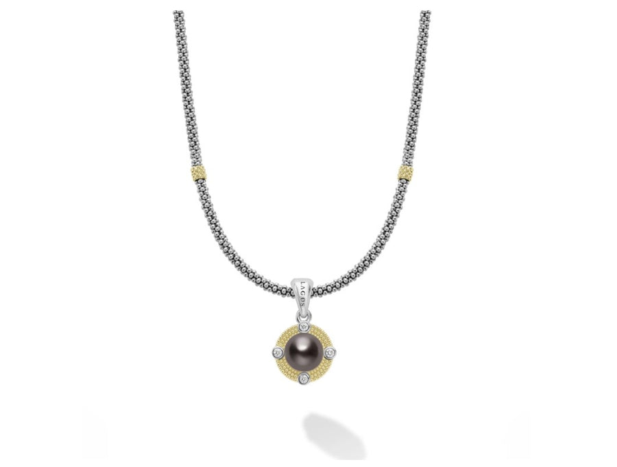 Luna 0.13ct Diamond and Black Tahitian Pearl Pendant in 18K Yellow Gold and Sterling Silver, 18in