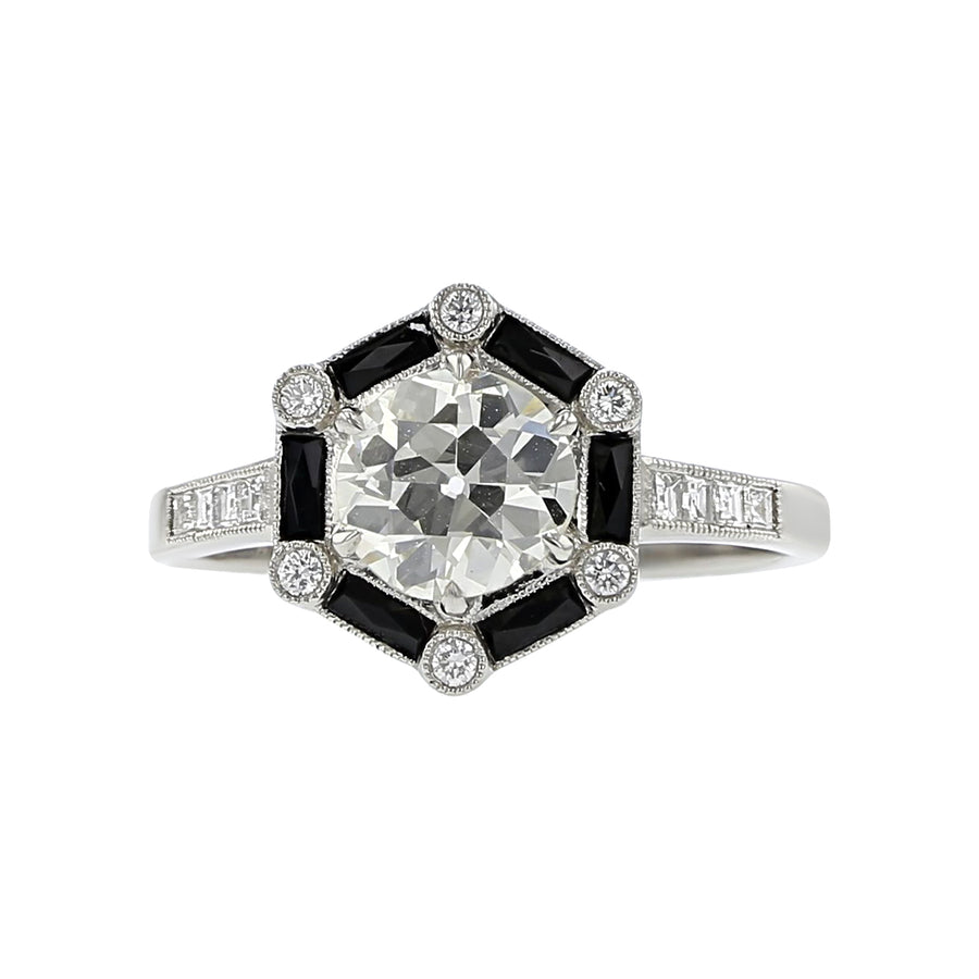 PLATINUM DIAMOND=1.12CT 6 BLACK ONYX=0.30CT 14 ROUND AND SQUARE DIAMONDS=0.22CT HALO RING