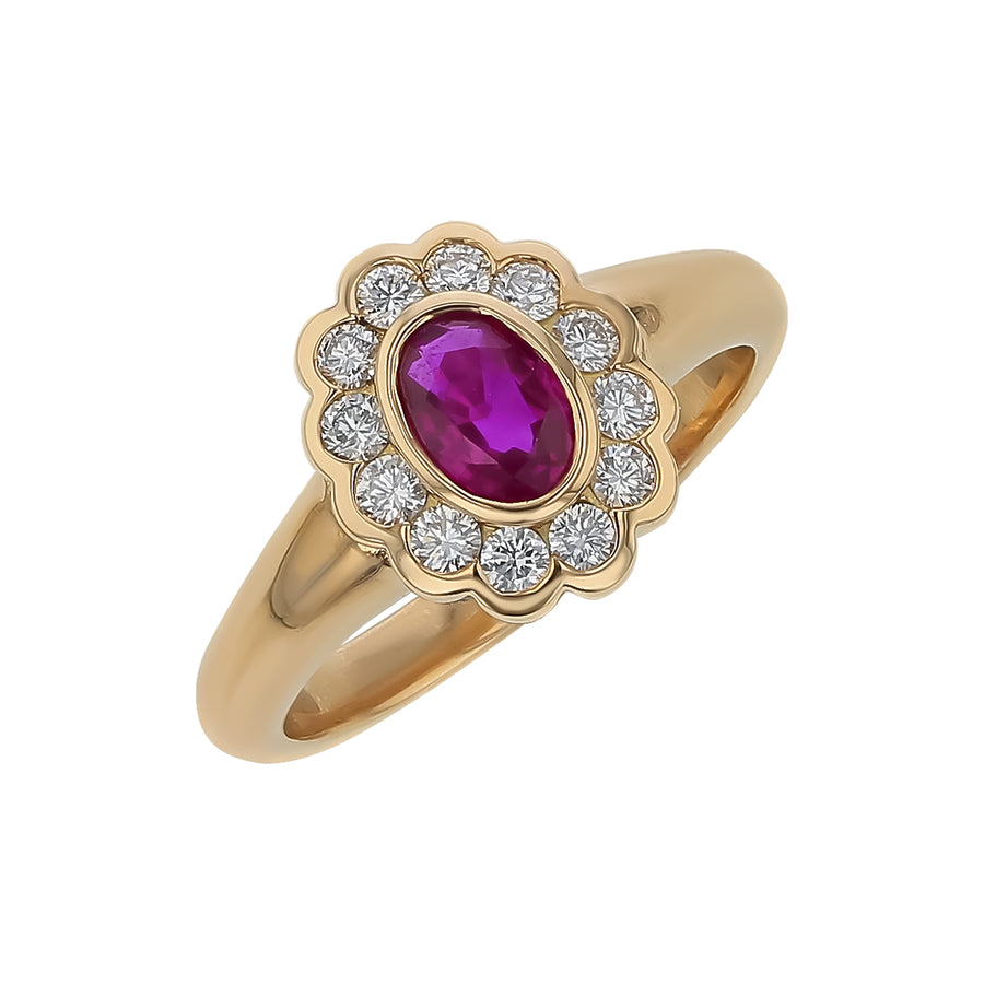 Suna 0.59ct Oval Ruby and 0.33ct Diamond Halo Ring in 18K Yellow Gold size 6