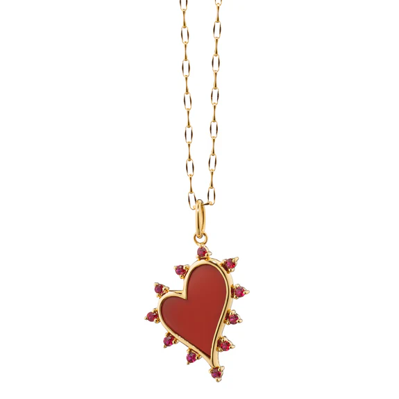 0.36ct Ruby and Red Carnelian Heart Charm in 18K Yellow Gold, 17" chain