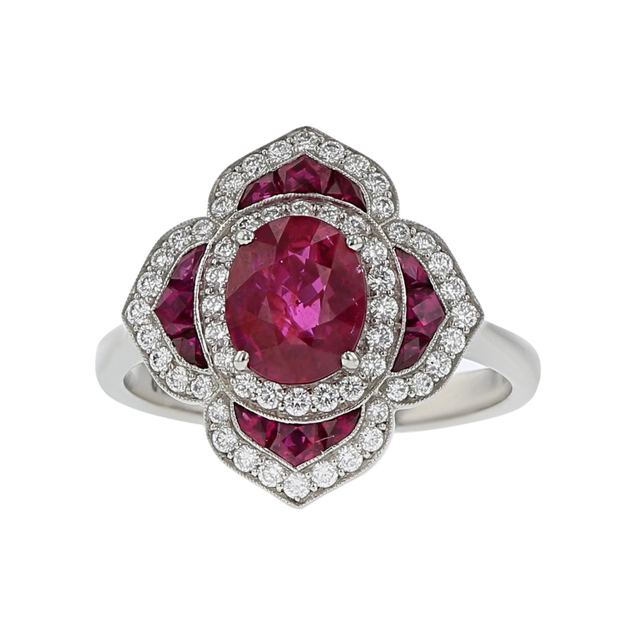 Platinum 1 Oval Ruby=1.68 No Heat Burmese 12 French Cut Rubies=0.45CT 56 Full Cut=0.32CT Halo Ring Size 6.5