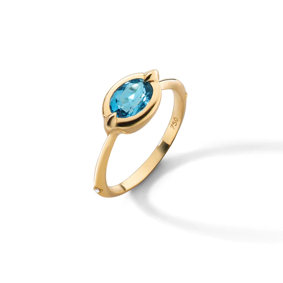 Points North 0.93ct Oval Blue Topaz and 0.01ct Diamond Ring in 18K Yellow Gold, size 7