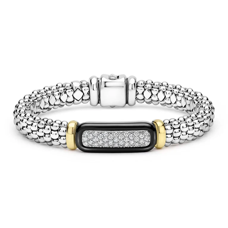 Black Caviar 0.75ct Diamond Pave 9mm Rope Bracelet in Sterling Silver, 18K Yellow Gold and Ceramic, size 7