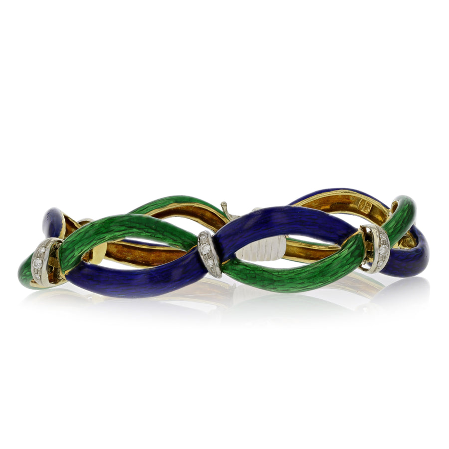 Blue and Green Enamel and Diamond Bracelet in 18K Yellow and White Gold