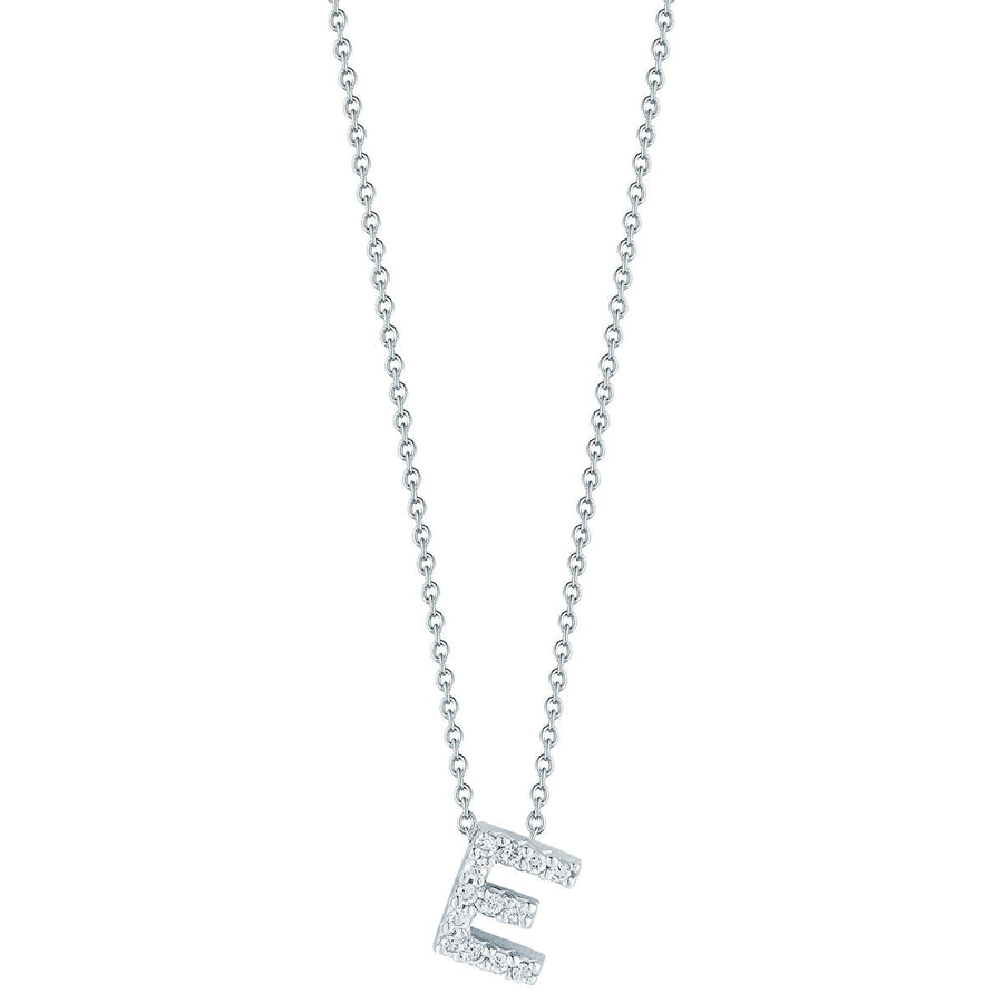 Tiny Treasures 0.06ct Diamond Love Letter "E" Pendant in 18K White Gold on 16-18in Chain