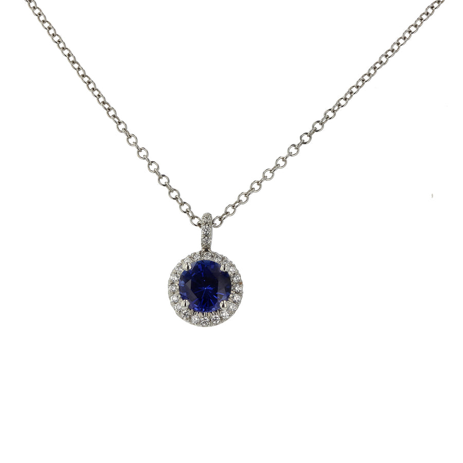 Sapphire and Diamond Halo Necklace in Platinum and 18K White Gold, 16in