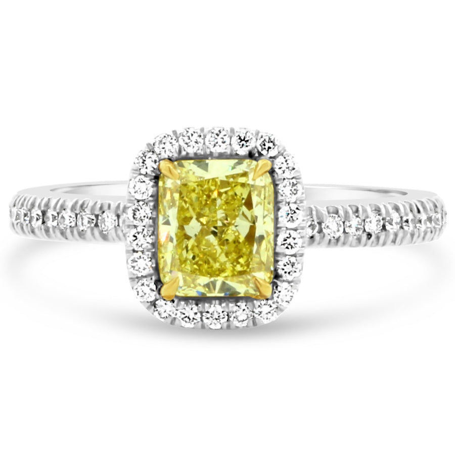 1.01ct Radiant Cut Diamond and 0.27ct Round Diamonds Halo Ring in Platinum and 18K Yellow Gold