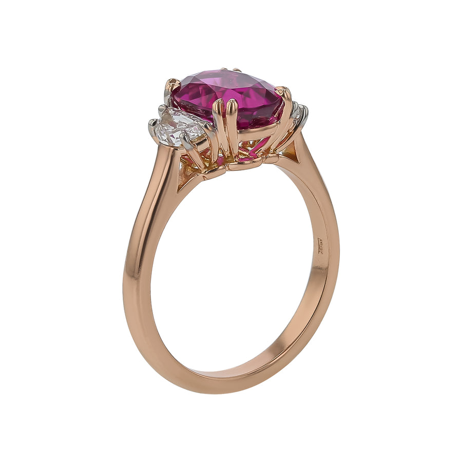 2.51ct Oval Mozambique Rubellite 0.50ct Diamond 3 Stone Ring in 18K Rose Gold, Size 6.5